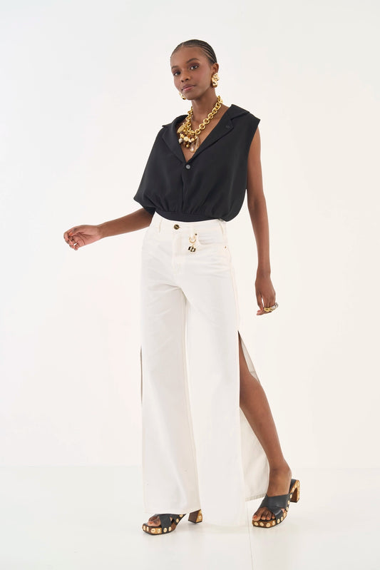 Calça Em Sarja Juliette Wide Leg Com Racha Colcci