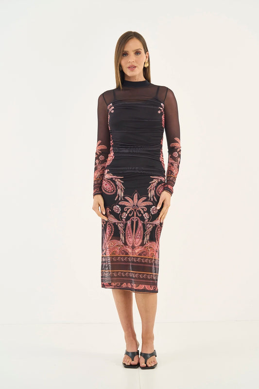 Vestido Tule Midi Estampado Com Franzido Colcci