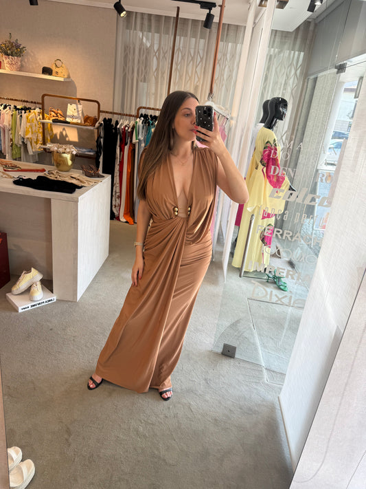 Vestido longo com aplicação dourada Lança Perfume