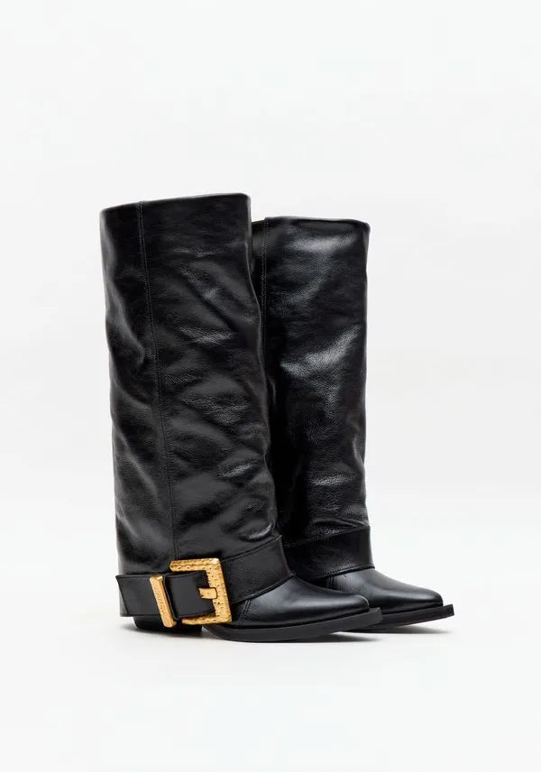 Bota Couro Fold Over com Fivela Lança Perfume