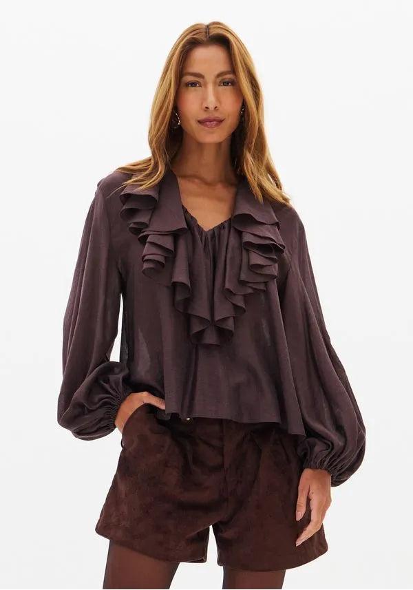 Blusa Com Folhos de Linho Lança Perfume