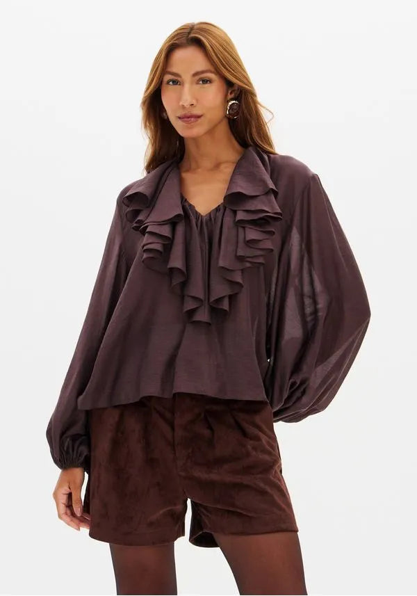 Blusa Com Folhos de Linho Lança Perfume